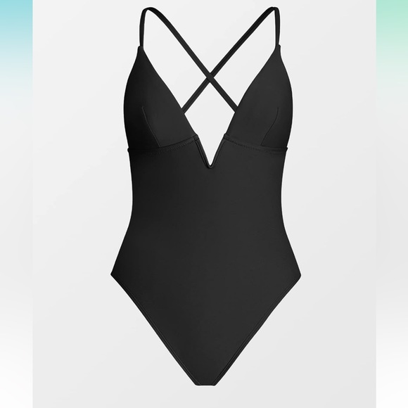 Deep V-Wire Cross Back Cheeky Black One Piece Swimsuit - Picture 3 of 6